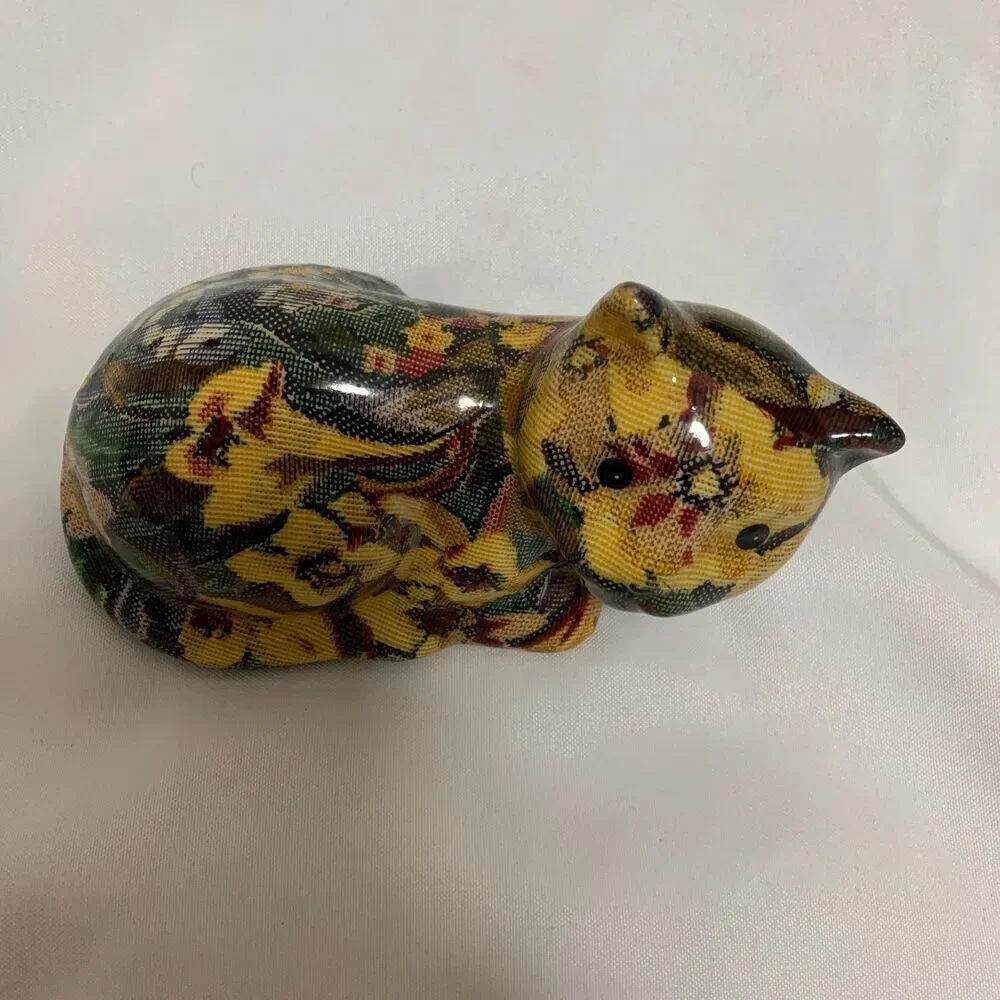 Vintage 1960's  Floral Fabric Glazed  Decoupage Cat Figurine, ceramic decorative - Picture 5 of 9